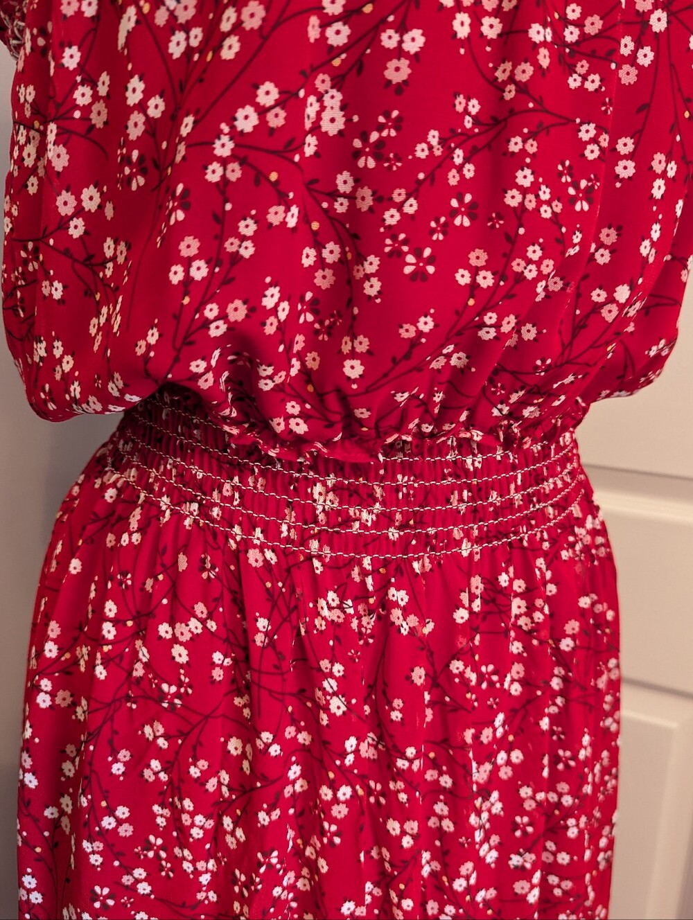 Max Studio Red White Floral Ruffle Smocked Sleeveless Halter Maxi Dress Large - Picture 4 of 11